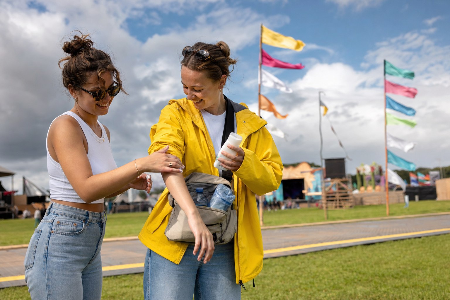 Twee festivalbezoekers pakken een kleine tas in met zonnebrand, waterfles, poncho en oordoppen