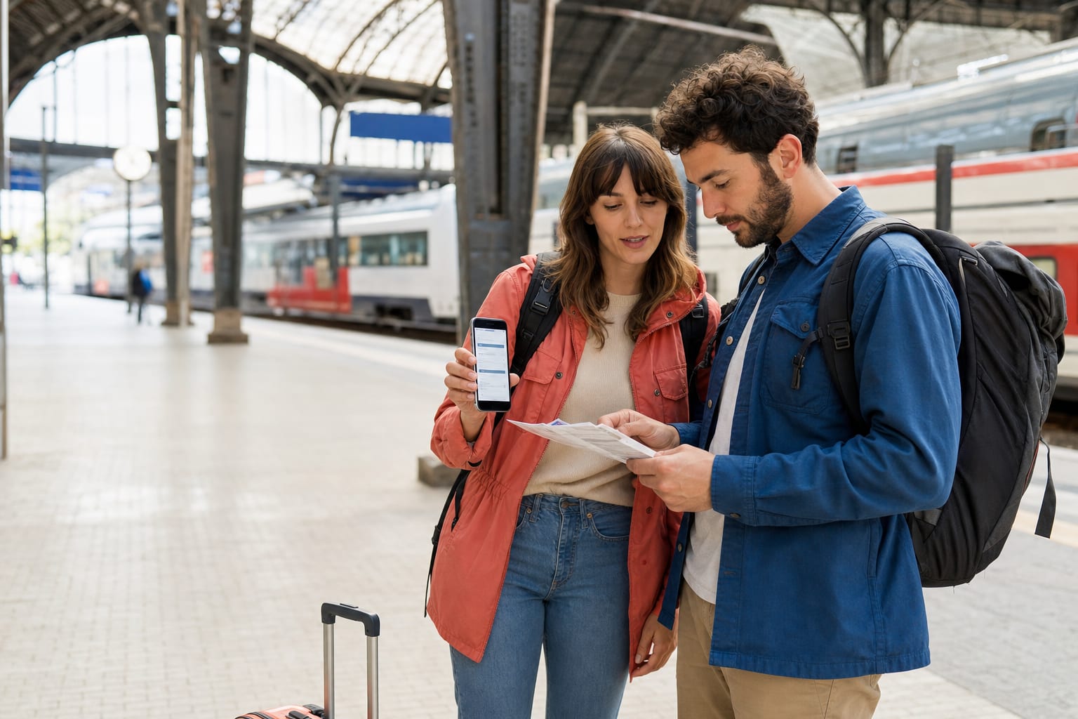 Twee reizigers vergelijken op een internationaal station een route op hun telefoon met hun boekingsbewijs