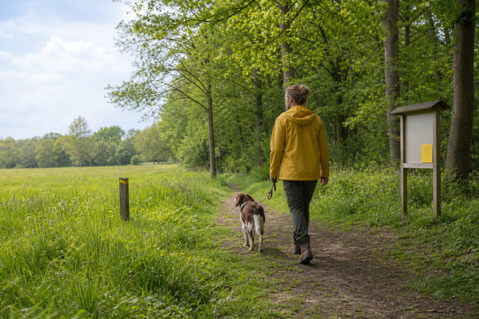 Wandelaar blijft met een aangelijnde hond op een gemarkeerd pad langs bos en weide